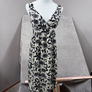 Blue Ginger Hawaiian Floral Empire Waist Midi Dress Black Cream Small